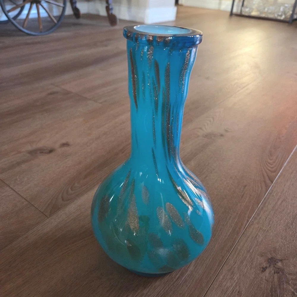 MCM Turquoise Blue Blown‎ Glass Vase Metallic Gold Drips Art Glass